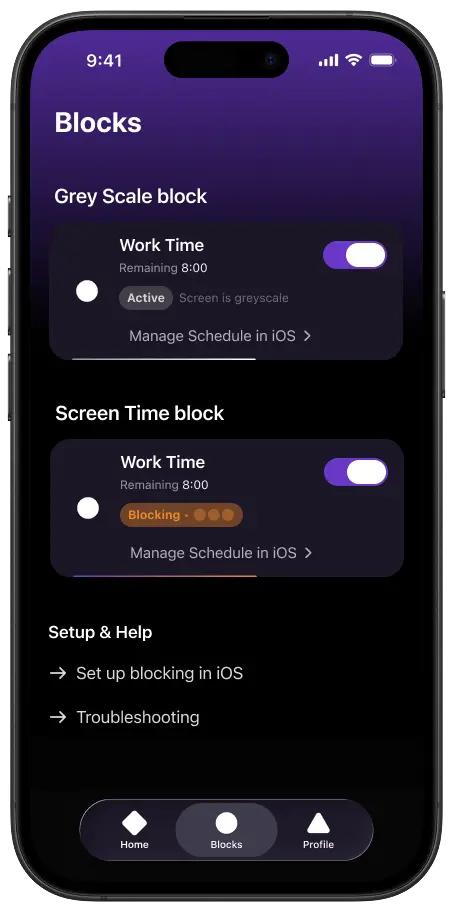 Eclipse blocking windows screen showing scheduled focus time management